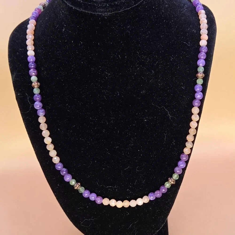 Peach Moonstone, Lepidolite, Green Apatite and Copper Beaded Necklace
